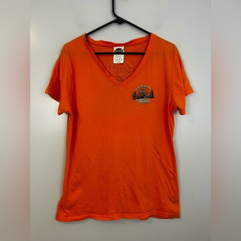 Vintage Harley Davidson Orange Chicago Gangster Biker V-neck T-shirt Size XL